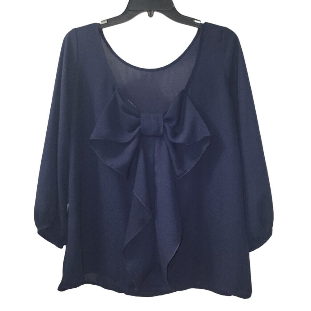 Necessary Clothing Bow Back Blouse Long Sleeve Party Top Navy Size Large - Picture 2 of 5
